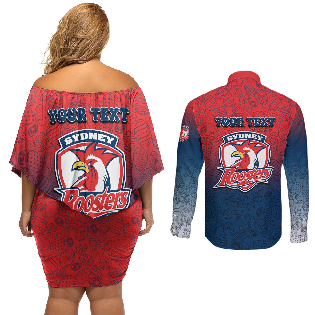 Personalized Sydney Roosters Couples Matching Off Shoulder Short Dress and Long Sleeve Button Shirt Easter Mascot - Colorful Eggs Cartoon Style
