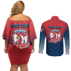 Personalized Sydney Roosters Couples Matching Off Shoulder Short Dress and Long Sleeve Button Shirt Easter Mascot - Colorful Eggs Cartoon Style