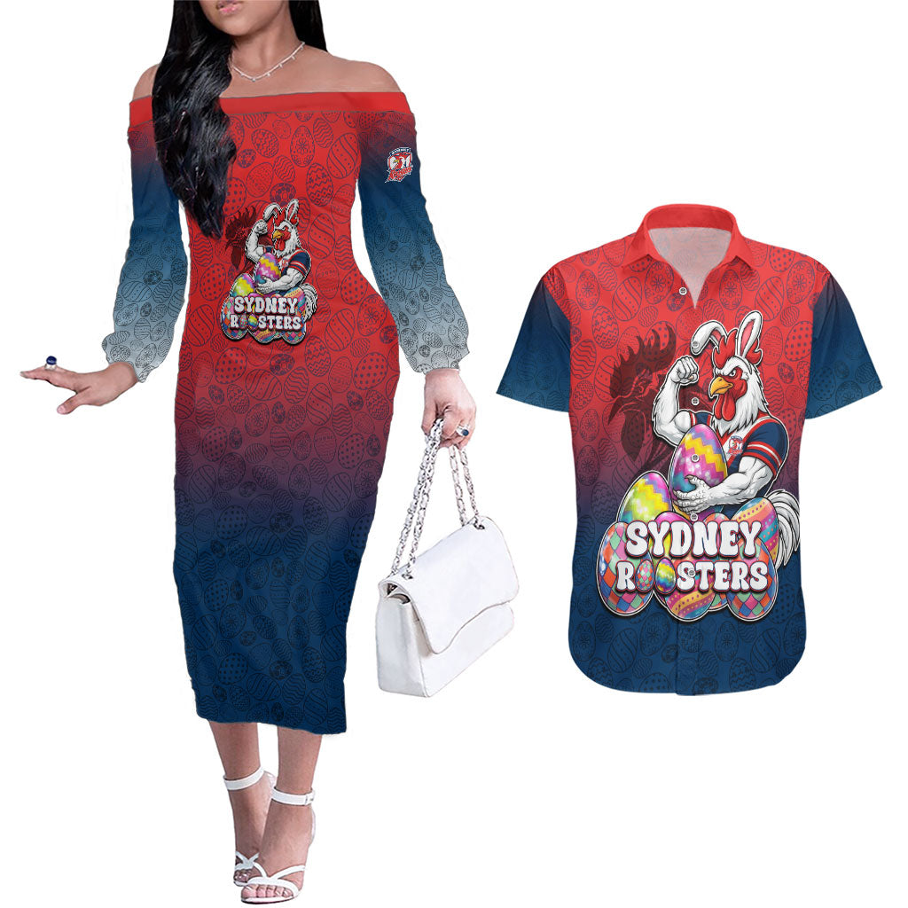 Personalized Sydney Roosters Couples Matching Off The Shoulder Long Sleeve Dress and Hawaiian Shirt Easter Mascot - Colorful Eggs Cartoon Style