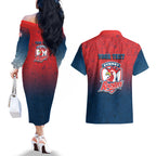 Personalized Sydney Roosters Couples Matching Off The Shoulder Long Sleeve Dress and Hawaiian Shirt Easter Mascot - Colorful Eggs Cartoon Style