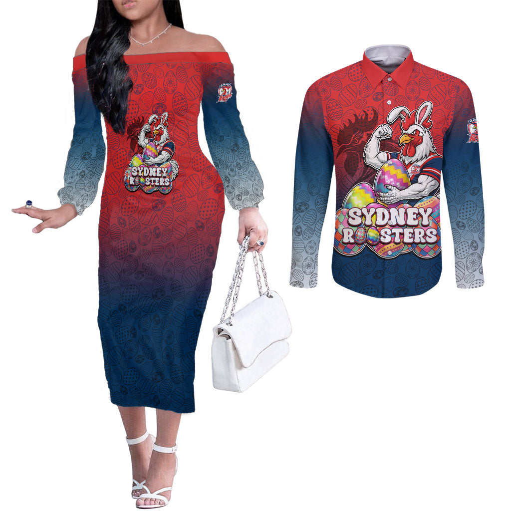 Personalized Sydney Roosters Couples Matching Off The Shoulder Long Sleeve Dress and Long Sleeve Button Shirt Easter Mascot - Colorful Eggs Cartoon Style