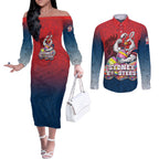 Personalized Sydney Roosters Couples Matching Off The Shoulder Long Sleeve Dress and Long Sleeve Button Shirt Easter Mascot - Colorful Eggs Cartoon Style