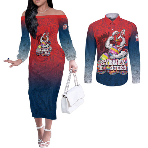 Personalized Sydney Roosters Couples Matching Off The Shoulder Long Sleeve Dress and Long Sleeve Button Shirt Easter Mascot - Colorful Eggs Cartoon Style