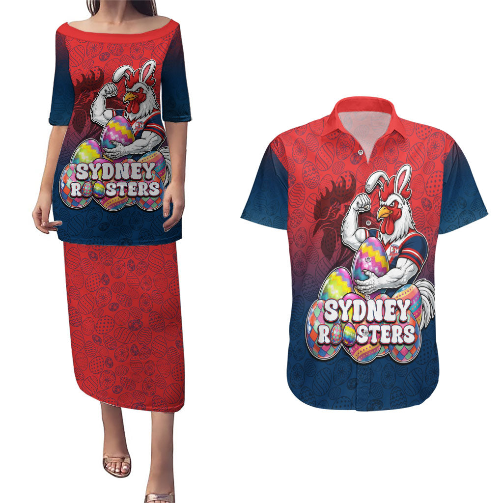 Personalized Sydney Roosters Couples Matching Puletasi and Hawaiian Shirt Easter Mascot - Colorful Eggs Cartoon Style