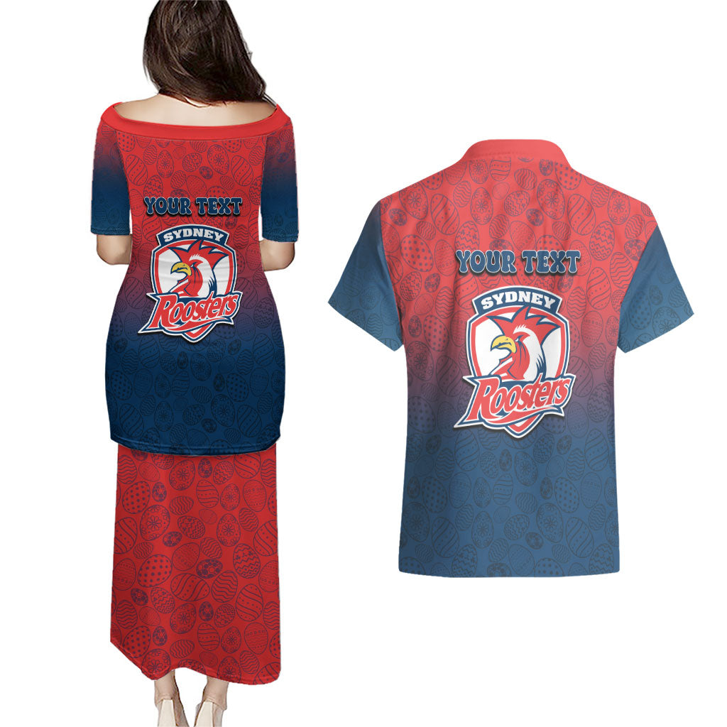 Personalized Sydney Roosters Couples Matching Puletasi and Hawaiian Shirt Easter Mascot - Colorful Eggs Cartoon Style