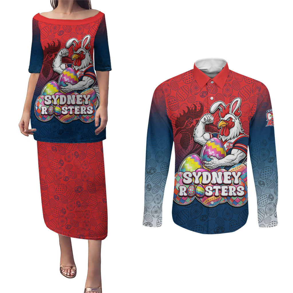 Personalized Sydney Roosters Couples Matching Puletasi and Long Sleeve Button Shirt Easter Mascot - Colorful Eggs Cartoon Style