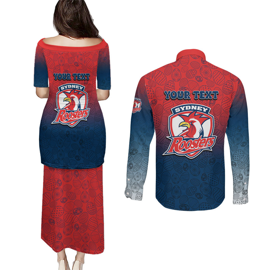 Personalized Sydney Roosters Couples Matching Puletasi and Long Sleeve Button Shirt Easter Mascot - Colorful Eggs Cartoon Style