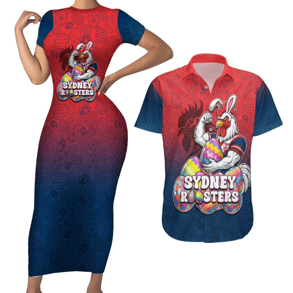 Personalized Sydney Roosters Couples Matching Short Sleeve Bodycon Dress and Hawaiian Shirt Easter Mascot - Colorful Eggs Cartoon Style
