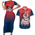 Personalized Sydney Roosters Couples Matching Short Sleeve Bodycon Dress and Hawaiian Shirt Easter Mascot - Colorful Eggs Cartoon Style