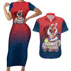 Personalized Sydney Roosters Couples Matching Short Sleeve Bodycon Dress and Hawaiian Shirt Easter Mascot - Colorful Eggs Cartoon Style