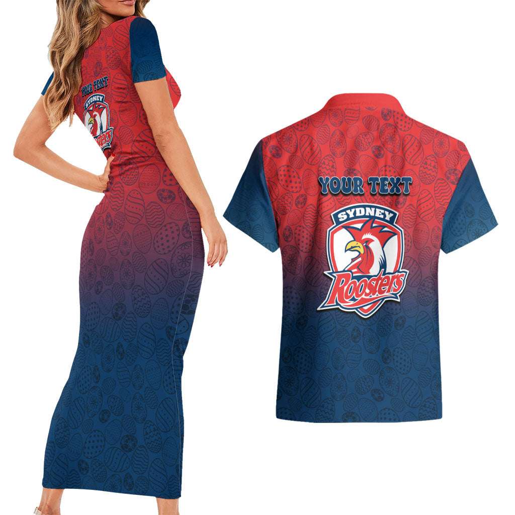 Personalized Sydney Roosters Couples Matching Short Sleeve Bodycon Dress and Hawaiian Shirt Easter Mascot - Colorful Eggs Cartoon Style