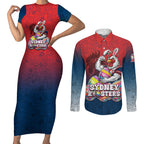 Personalized Sydney Roosters Couples Matching Short Sleeve Bodycon Dress and Long Sleeve Button Shirt Easter Mascot - Colorful Eggs Cartoon Style