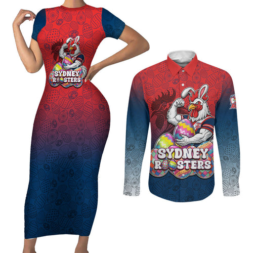 Personalized Sydney Roosters Couples Matching Short Sleeve Bodycon Dress and Long Sleeve Button Shirt Easter Mascot - Colorful Eggs Cartoon Style