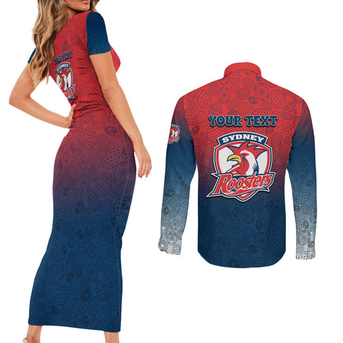 Personalized Sydney Roosters Couples Matching Short Sleeve Bodycon Dress and Long Sleeve Button Shirt Easter Mascot - Colorful Eggs Cartoon Style