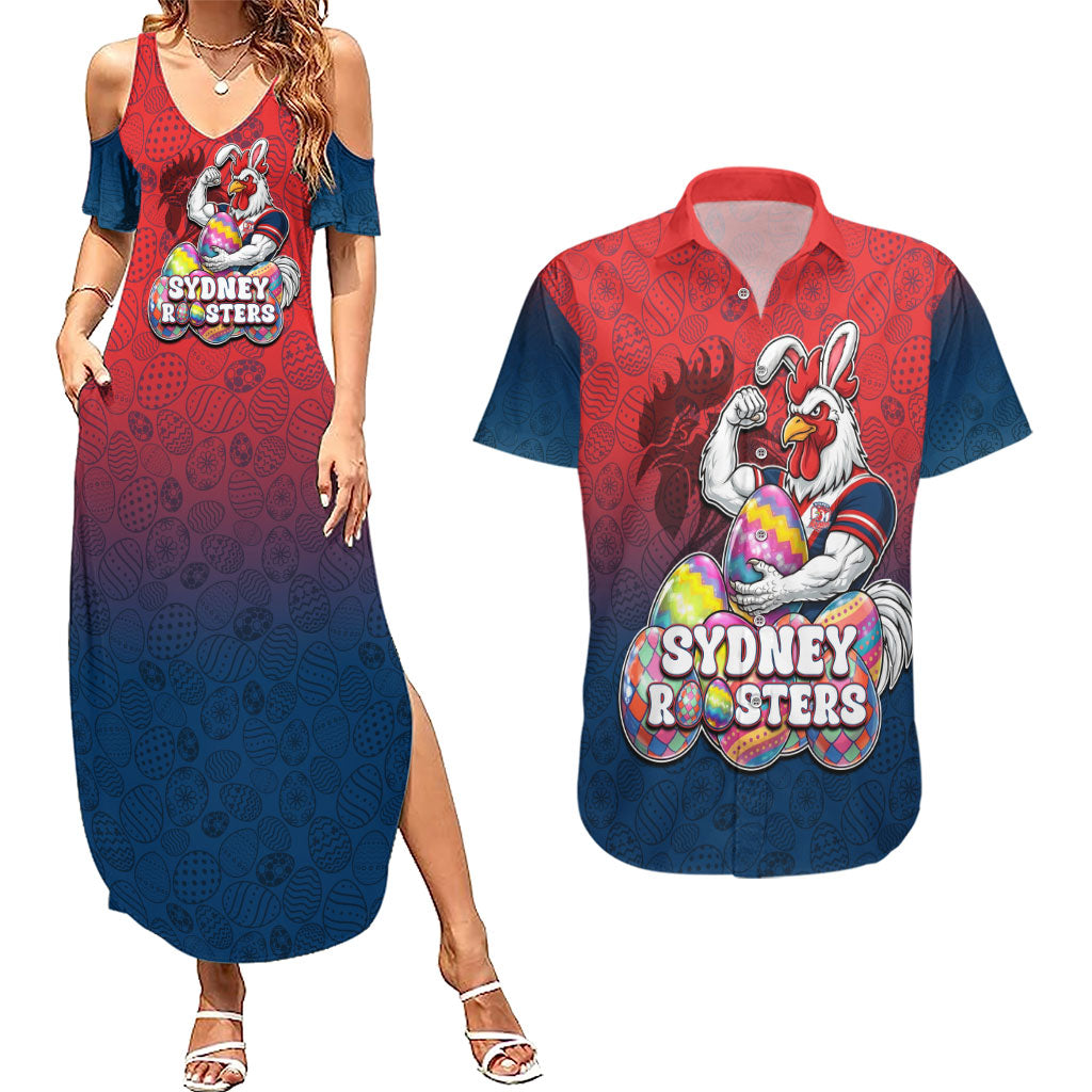 Personalized Sydney Roosters Couples Matching Summer Maxi Dress and Hawaiian Shirt Easter Mascot - Colorful Eggs Cartoon Style