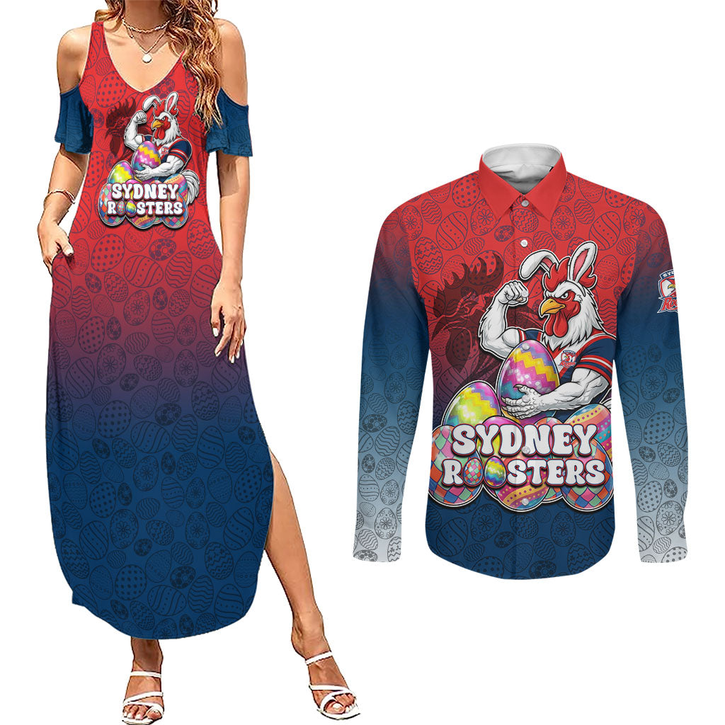 Personalized Sydney Roosters Couples Matching Summer Maxi Dress and Long Sleeve Button Shirt Easter Mascot - Colorful Eggs Cartoon Style