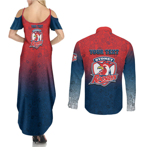 Personalized Sydney Roosters Couples Matching Summer Maxi Dress and Long Sleeve Button Shirt Easter Mascot - Colorful Eggs Cartoon Style