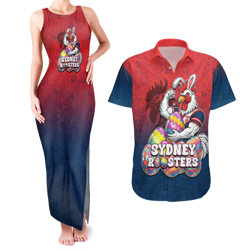 Personalized Sydney Roosters Couples Matching Tank Maxi Dress and Hawaiian Shirt Easter Mascot - Colorful Eggs Cartoon Style