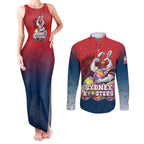 Personalized Sydney Roosters Couples Matching Tank Maxi Dress and Long Sleeve Button Shirt Easter Mascot - Colorful Eggs Cartoon Style