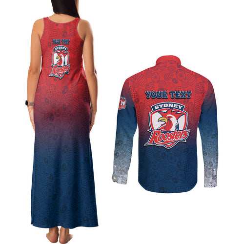Personalized Sydney Roosters Couples Matching Tank Maxi Dress and Long Sleeve Button Shirt Easter Mascot - Colorful Eggs Cartoon Style