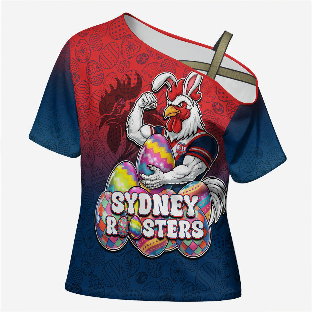 Personalized Sydney Roosters Cross Shoulder Shirt Easter Mascot - Colorful Eggs Cartoon Style