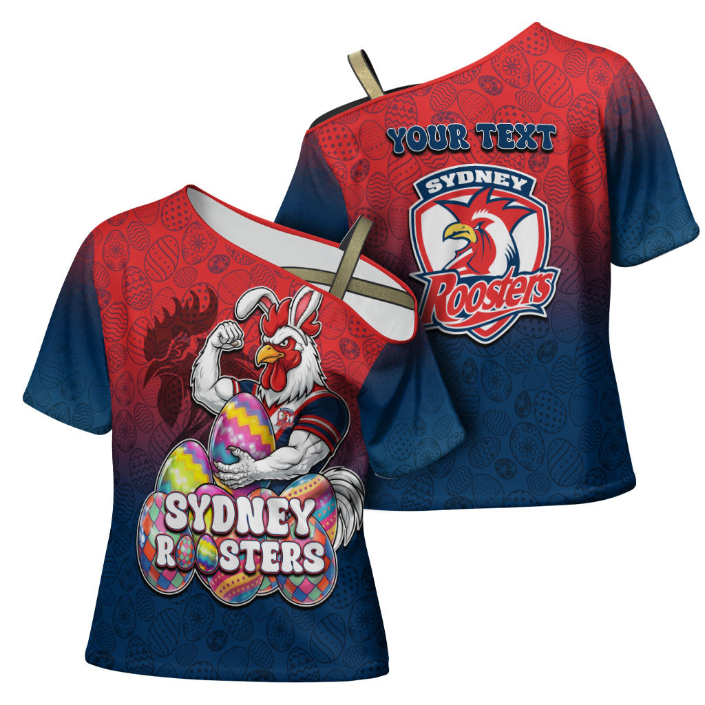 Personalized Sydney Roosters Cross Shoulder Shirt Easter Mascot - Colorful Eggs Cartoon Style