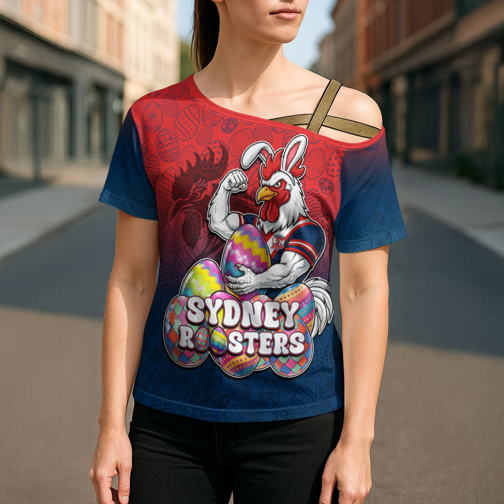 Personalized Sydney Roosters Cross Shoulder Shirt Easter Mascot - Colorful Eggs Cartoon Style