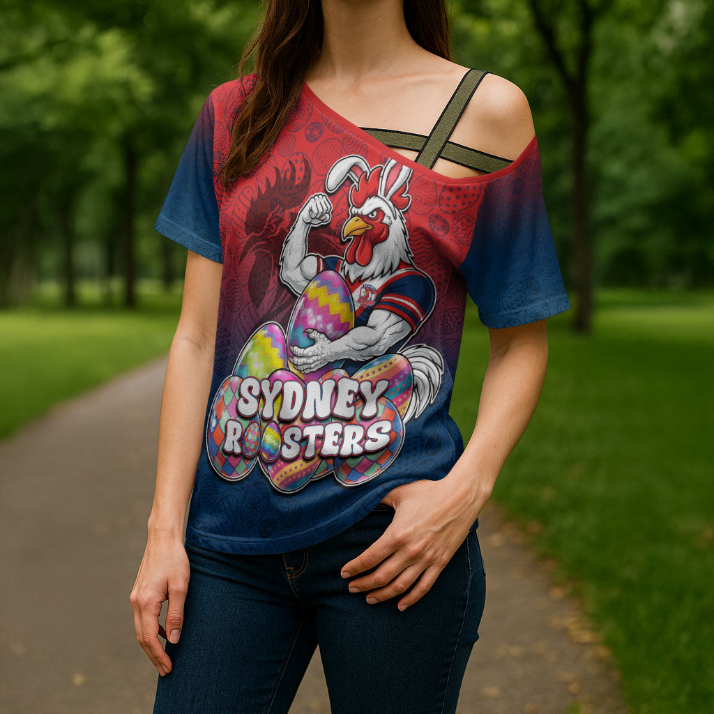 Personalized Sydney Roosters Cross Shoulder Shirt Easter Mascot - Colorful Eggs Cartoon Style
