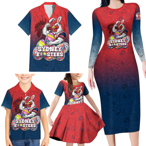 Personalized Sydney Roosters Family Matching Long Sleeve Bodycon Dress and Hawaiian Shirt Easter Mascot - Colorful Eggs Cartoon Style