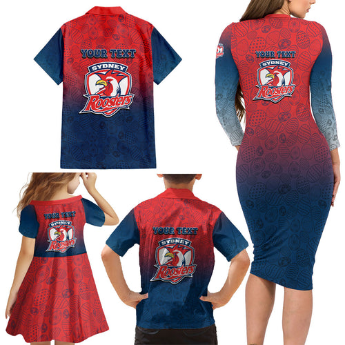 Personalized Sydney Roosters Family Matching Long Sleeve Bodycon Dress and Hawaiian Shirt Easter Mascot - Colorful Eggs Cartoon Style