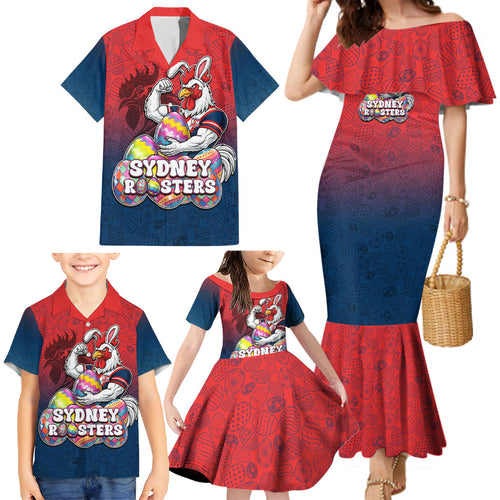 Personalized Sydney Roosters Family Matching Mermaid Dress and Hawaiian Shirt Easter Mascot - Colorful Eggs Cartoon Style