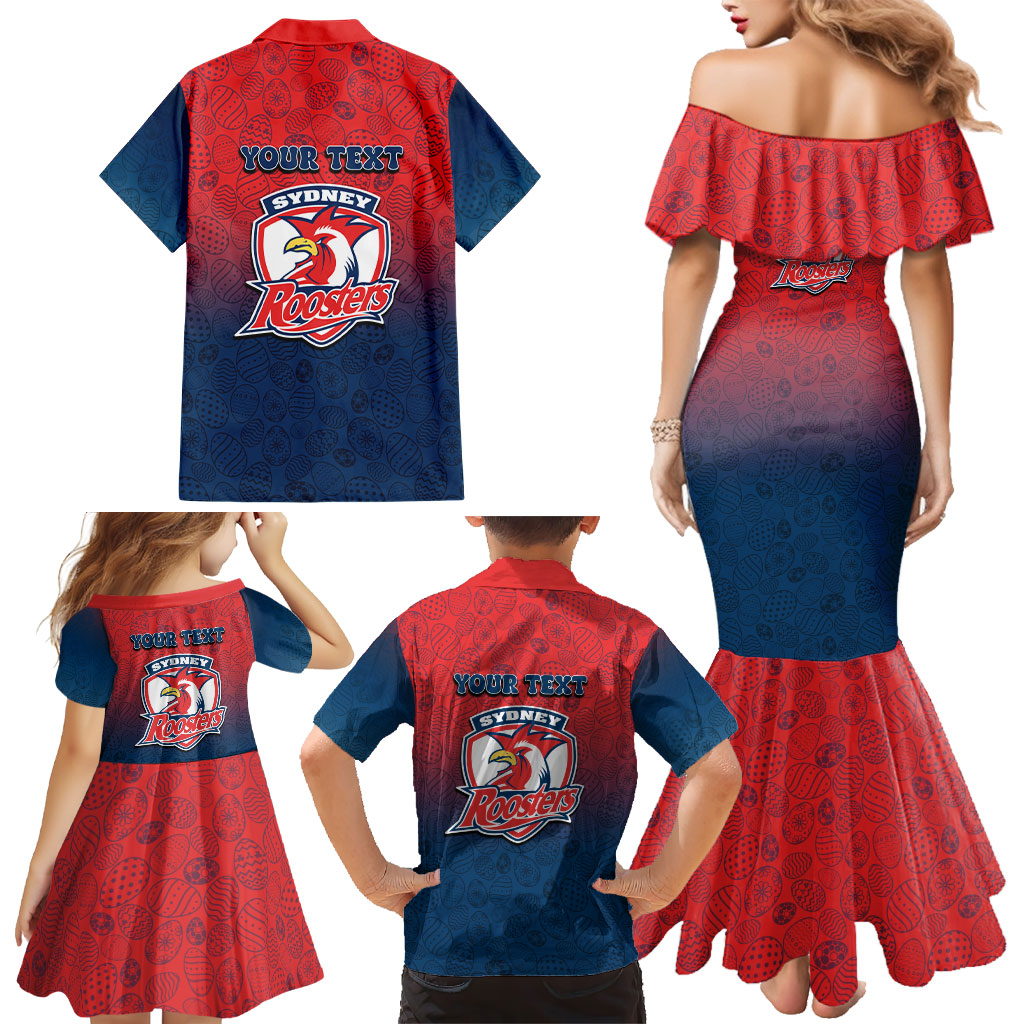 Personalized Sydney Roosters Family Matching Mermaid Dress and Hawaiian Shirt Easter Mascot - Colorful Eggs Cartoon Style