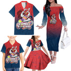 Personalized Sydney Roosters Family Matching Off The Shoulder Long Sleeve Dress and Hawaiian Shirt Easter Mascot - Colorful Eggs Cartoon Style