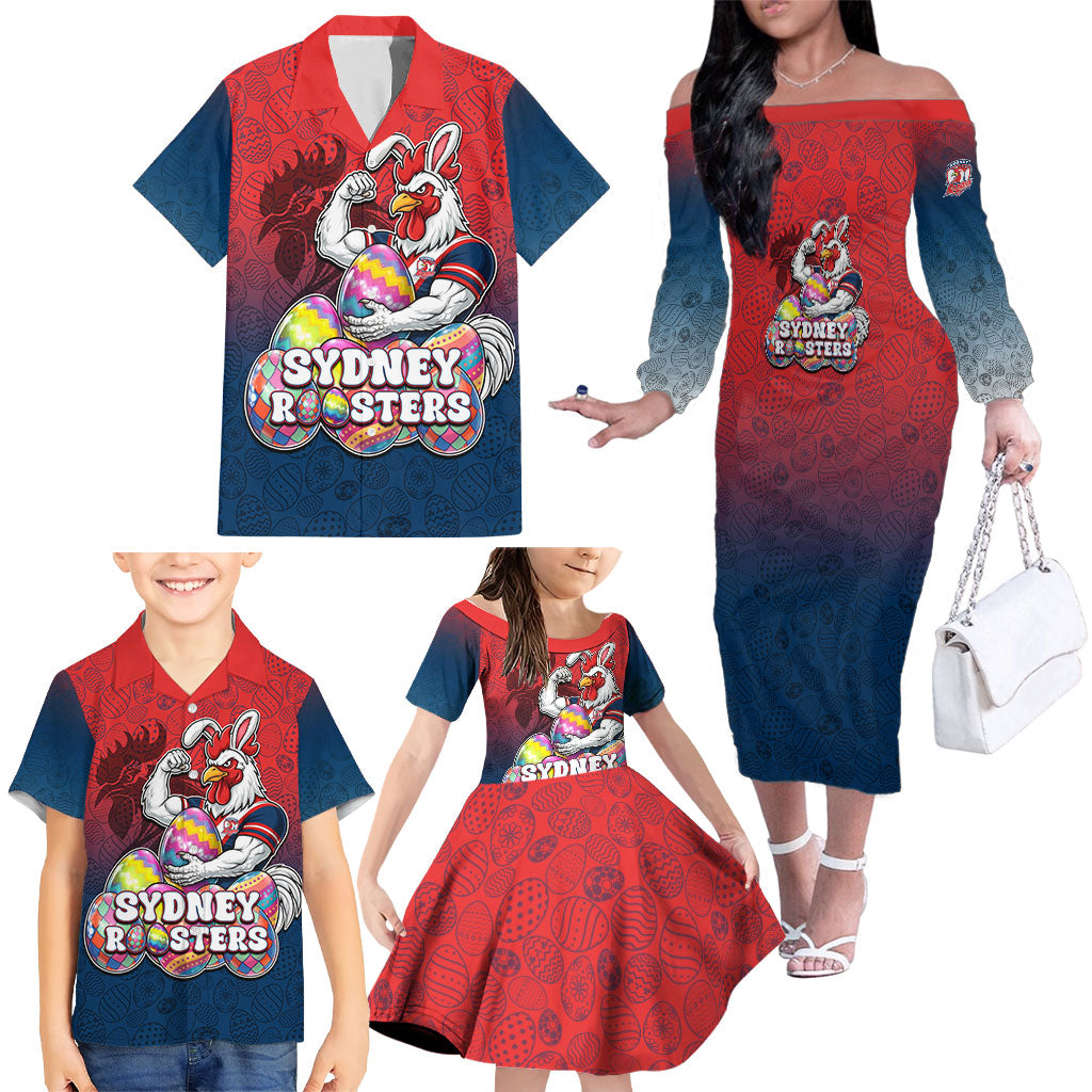 Personalized Sydney Roosters Family Matching Off The Shoulder Long Sleeve Dress and Hawaiian Shirt Easter Mascot - Colorful Eggs Cartoon Style