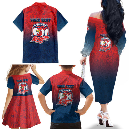 Personalized Sydney Roosters Family Matching Off The Shoulder Long Sleeve Dress and Hawaiian Shirt Easter Mascot - Colorful Eggs Cartoon Style