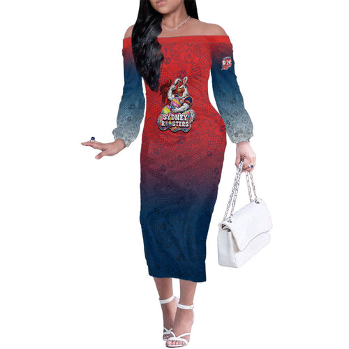 Personalized Sydney Roosters Family Matching Off The Shoulder Long Sleeve Dress and Hawaiian Shirt Easter Mascot - Colorful Eggs Cartoon Style
