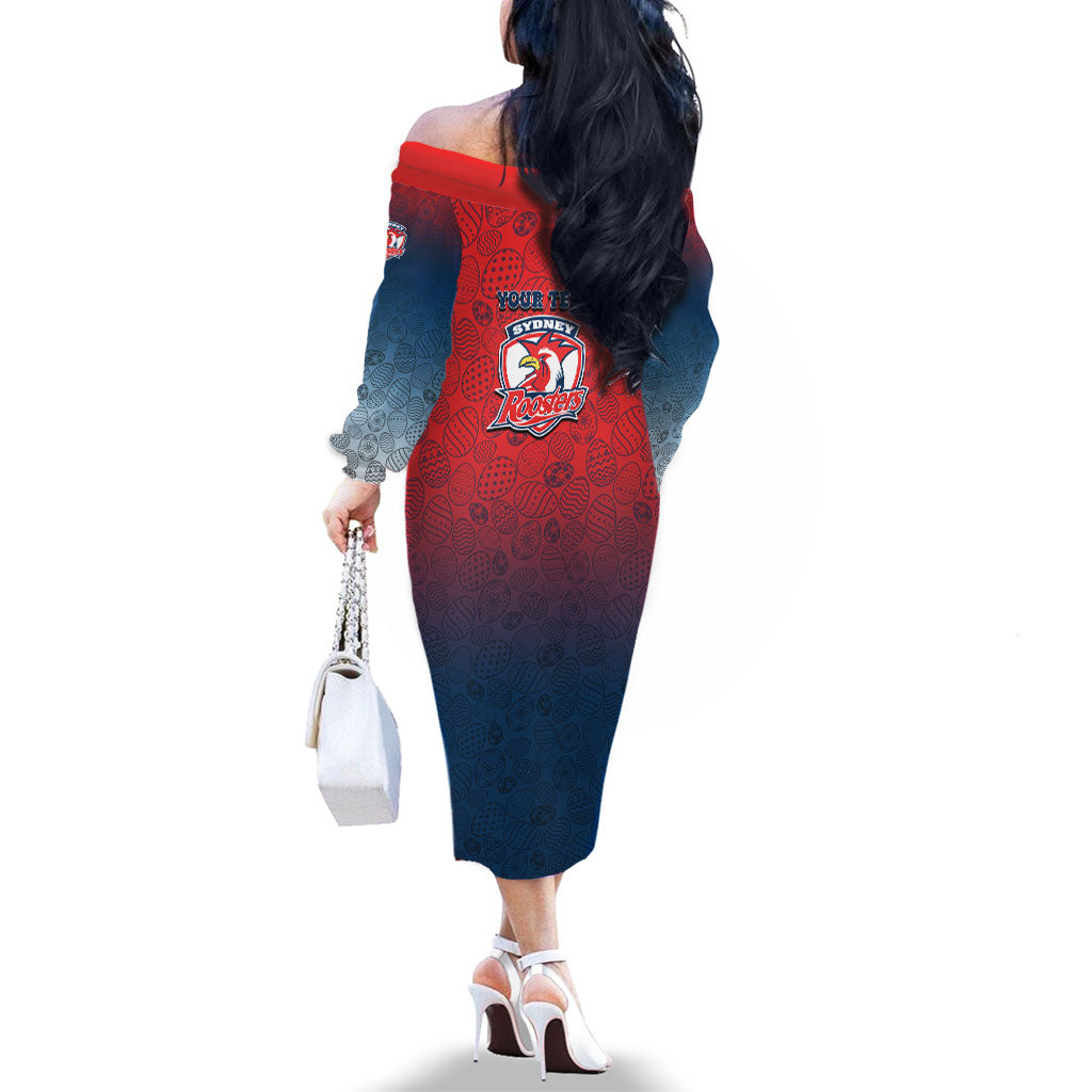 Personalized Sydney Roosters Family Matching Off The Shoulder Long Sleeve Dress and Hawaiian Shirt Easter Mascot - Colorful Eggs Cartoon Style