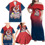 Personalized Sydney Roosters Family Matching Off Shoulder Maxi Dress and Hawaiian Shirt Easter Mascot - Colorful Eggs Cartoon Style