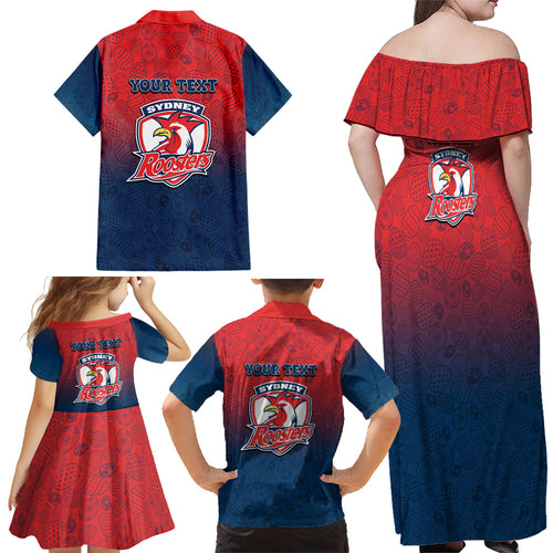 Personalized Sydney Roosters Family Matching Off Shoulder Maxi Dress and Hawaiian Shirt Easter Mascot - Colorful Eggs Cartoon Style