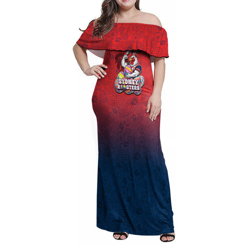 Personalized Sydney Roosters Family Matching Off Shoulder Maxi Dress and Hawaiian Shirt Easter Mascot - Colorful Eggs Cartoon Style
