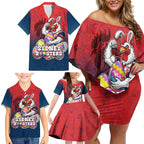Personalized Sydney Roosters Family Matching Off Shoulder Short Dress and Hawaiian Shirt Easter Mascot - Colorful Eggs Cartoon Style