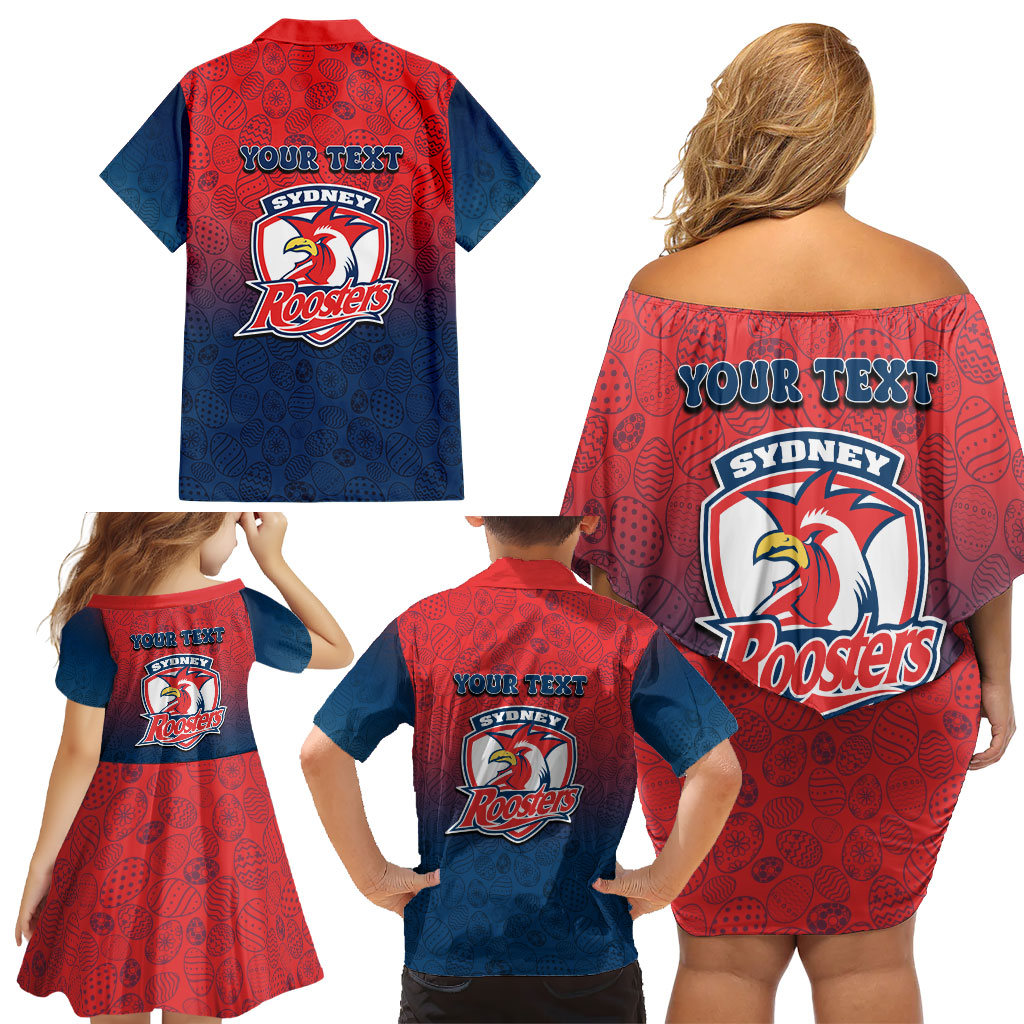 Personalized Sydney Roosters Family Matching Off Shoulder Short Dress and Hawaiian Shirt Easter Mascot - Colorful Eggs Cartoon Style