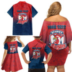 Personalized Sydney Roosters Family Matching Off Shoulder Short Dress and Hawaiian Shirt Easter Mascot - Colorful Eggs Cartoon Style