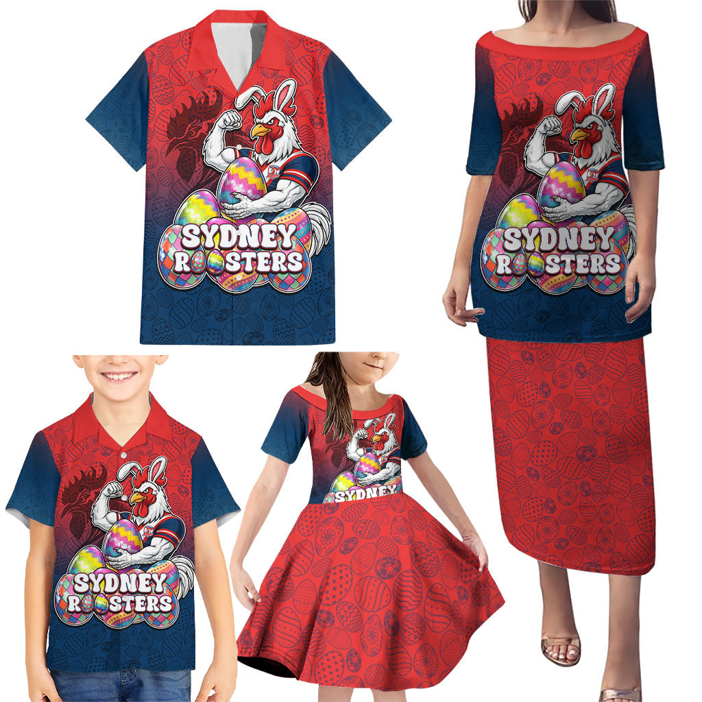Personalized Sydney Roosters Family Matching Puletasi and Hawaiian Shirt Easter Mascot - Colorful Eggs Cartoon Style