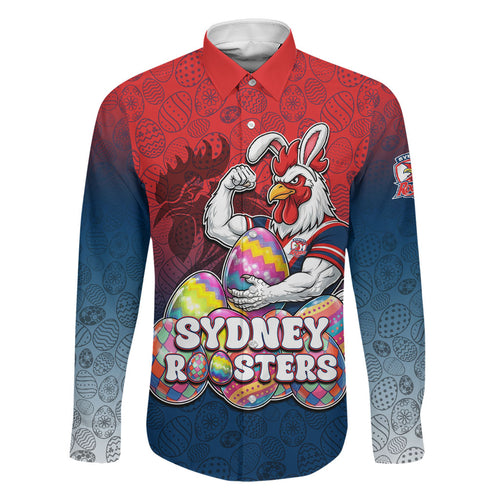 Personalized Sydney Roosters Family Matching Puletasi and Hawaiian Shirt Easter Mascot - Colorful Eggs Cartoon Style