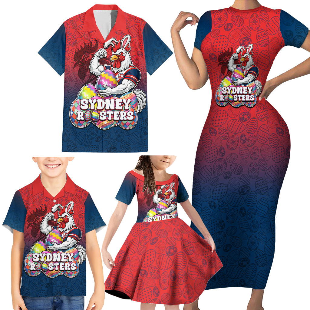 Personalized Sydney Roosters Family Matching Short Sleeve Bodycon Dress and Hawaiian Shirt Easter Mascot - Colorful Eggs Cartoon Style