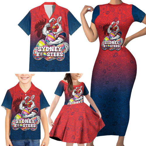 Personalized Sydney Roosters Family Matching Short Sleeve Bodycon Dress and Hawaiian Shirt Easter Mascot - Colorful Eggs Cartoon Style