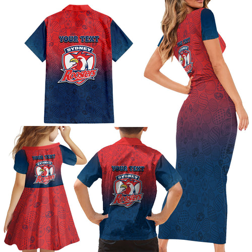 Personalized Sydney Roosters Family Matching Short Sleeve Bodycon Dress and Hawaiian Shirt Easter Mascot - Colorful Eggs Cartoon Style