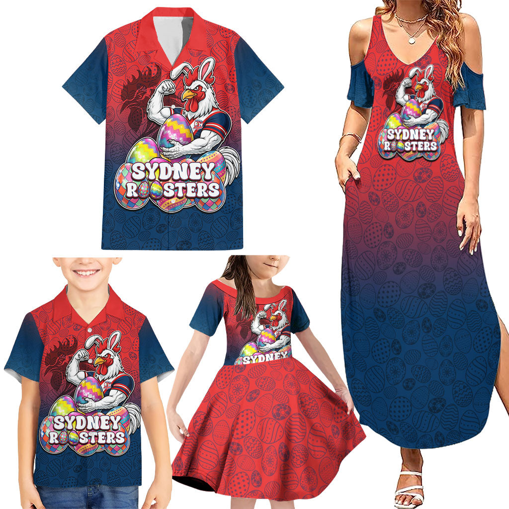 Personalized Sydney Roosters Family Matching Summer Maxi Dress and Hawaiian Shirt Easter Mascot - Colorful Eggs Cartoon Style