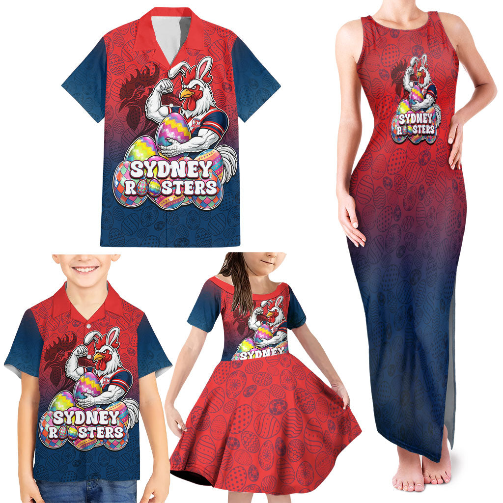 Personalized Sydney Roosters Family Matching Tank Maxi Dress and Hawaiian Shirt Easter Mascot - Colorful Eggs Cartoon Style